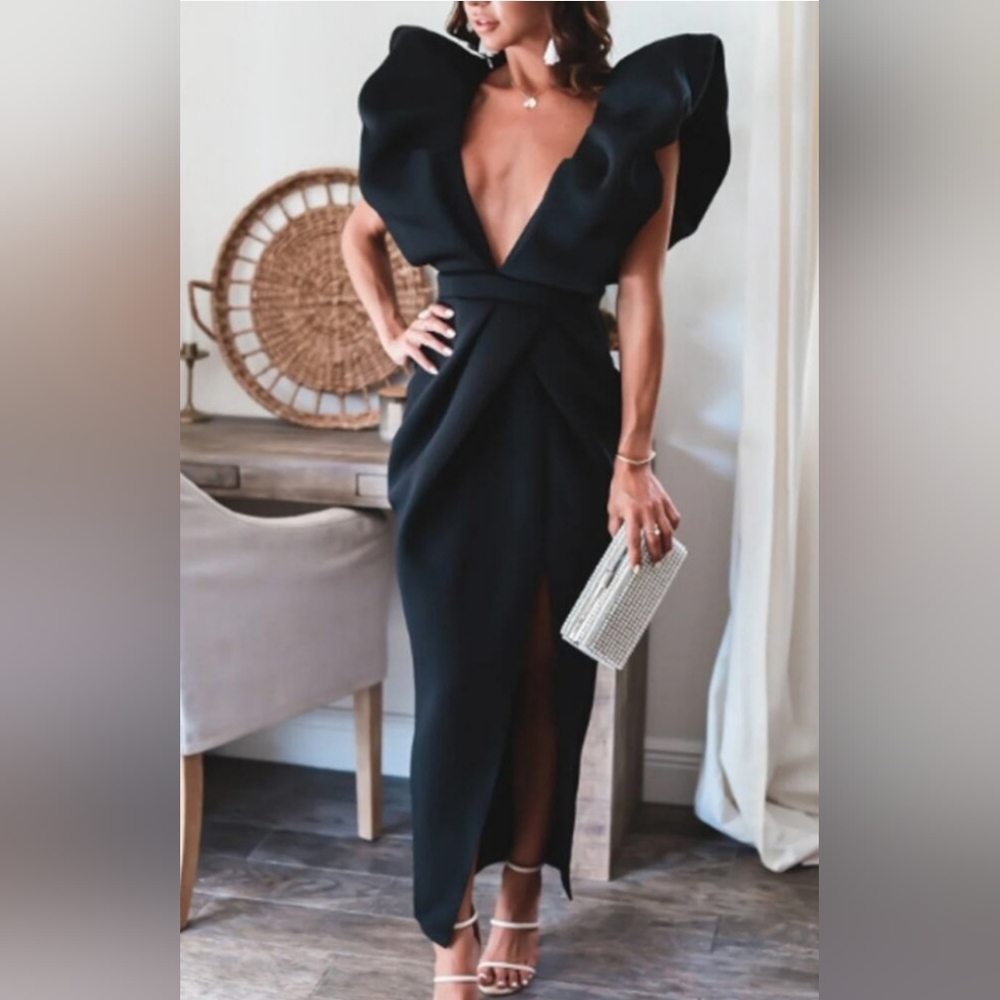Puff Sleeve Evening Gown - Black